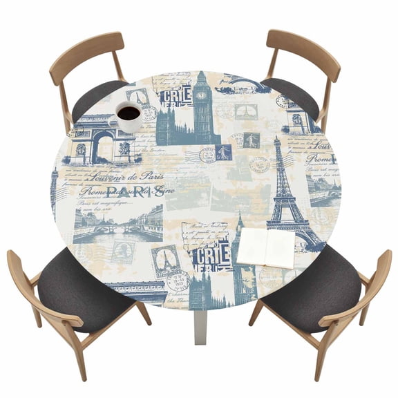 Round Fitted Tablecloth with Elastic Blue Eiffel Tower Tablecloths France Paris Travel Landscape Patio Table Cover for Kitchen Dinner Party Picnic Decor Fits Tables up to 36"- 44" Diameter