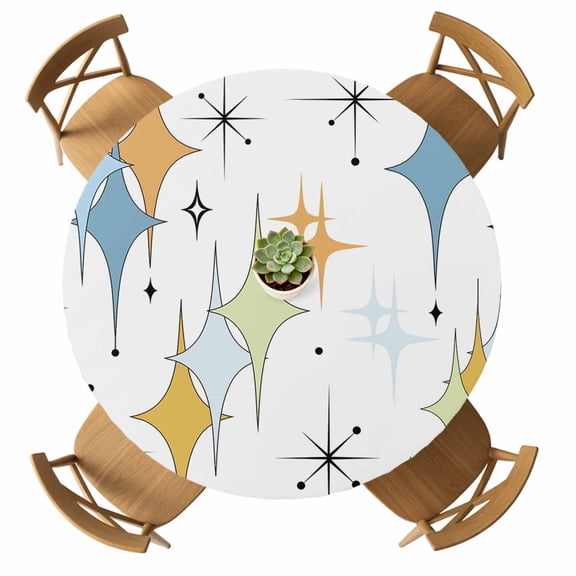 Round Fitted Tablecloth with Elastic Blue Green Yellow Diamond Tablecloths Waterproof Modern Geometric Mid Century Table Cover for Kitchen Dinner Party Picnic Fits Tables up to 36"- 44" Diameter