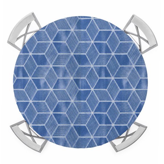 Round Fitted Tablecloth with Elastic Blue Honeycomb Tiling Tablecloths Wooden Grain Blocks Patio Table Cover for Kitchen Dinner Party Picnic Decor Fits Tables up to 36"- 44" Diameter
