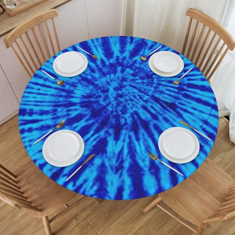 Round Fitted Tablecloth with Elastic Blue Tie Dye Round Outdoor ...
