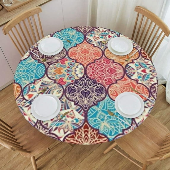Round Fitted Tablecloth with Elastic Boho Colorful Floral Trellis Round Outdoor Tablecloths Fitted Table Covers for Round Tables Waterproof Reusable Vinyl Table Cloth for Indoor and Outdoor 50"-56"