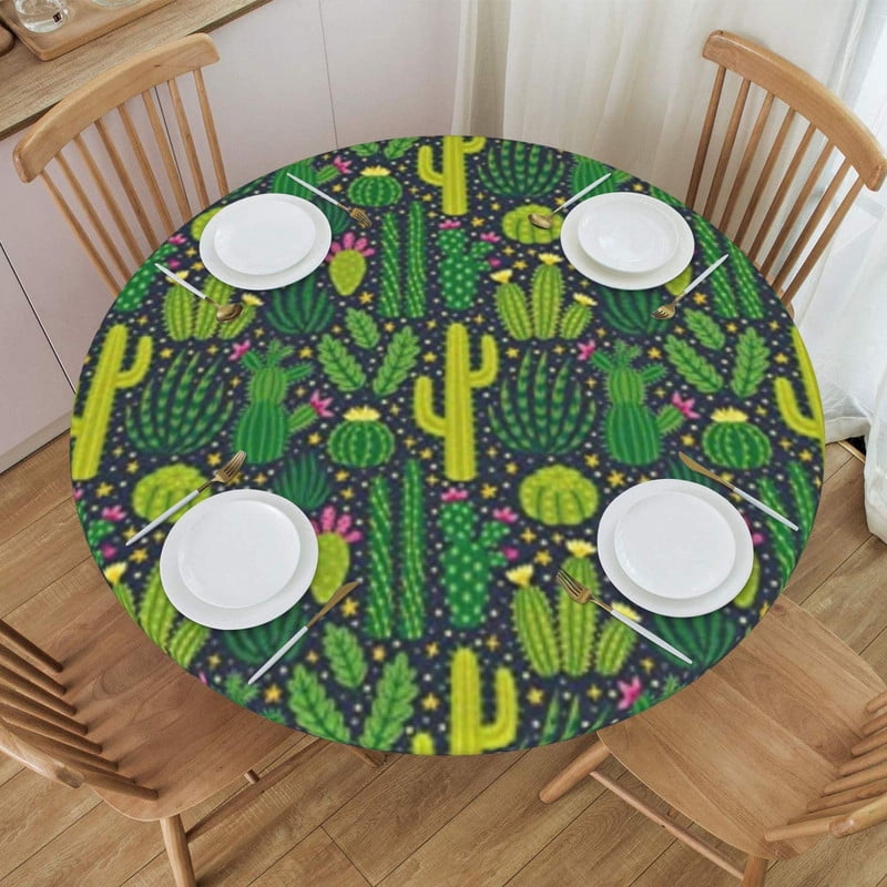 Round Fitted Tablecloth with Elastic Cactus Round Outdoor Tablecloths