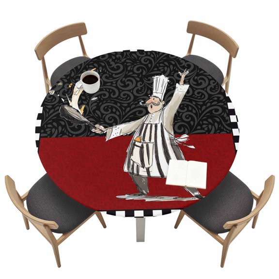 Round Fitted Tablecloth with Elastic Chef Kitchens Tablecloths Funny Black Buffalo Plaid Patio Table Cover for Kitchen Dinner Party Picnic Decor Indoor Outdoor Fits Tables up to 36"- 44" Diameter