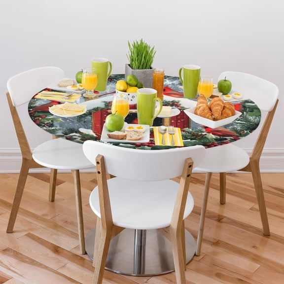 Round Fitted Tablecloth with Elastic, Christmas Winter Cardinal Holly Round Tablecloths Wipeable Waterproof Table Cover Indoor Outdoor Circle Cover for Dining Kitchen Patio Camping Picnic, 45"-50"