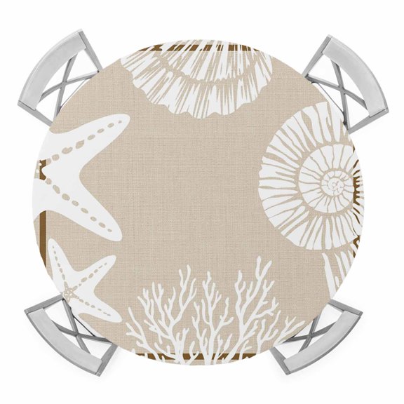 Round Fitted Tablecloth with Elastic Coastal Starfish Tablecloths Ocean Coral Conch Shell Patio Table Cover for Kitchen Dinner Party Picnic Decor Fits Tables up to 55"- 60" Diameter