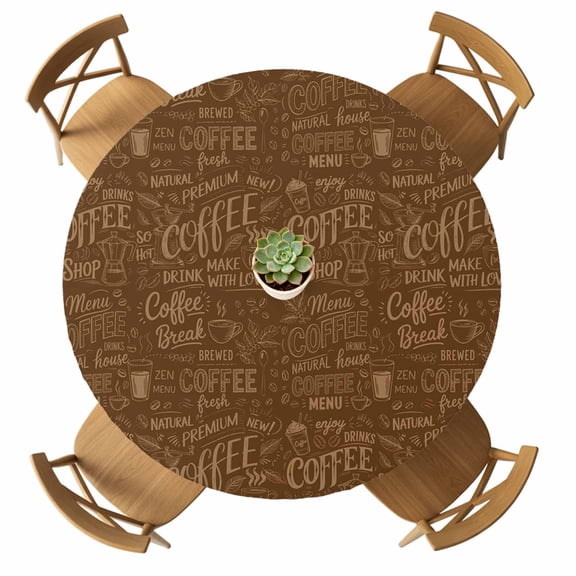 Round Fitted Tablecloth with Elastic Coffee Beans Tablecloths Waterproof Oil Proof Brown Coffee Cup Table Cover for Kitchen Dinner Holiday Party Picnic Fits Tables up to 36"- 44" Diameter