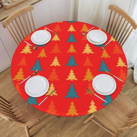 Round Fitted Tablecloth with Elastic Colorful Christmas Trees Vintage red Fitted Table Covers for Round Tables Waterproof Reusable Vinyl Table Cloth for Indoor and Outdoor 45"-56" ,24ju26caA14