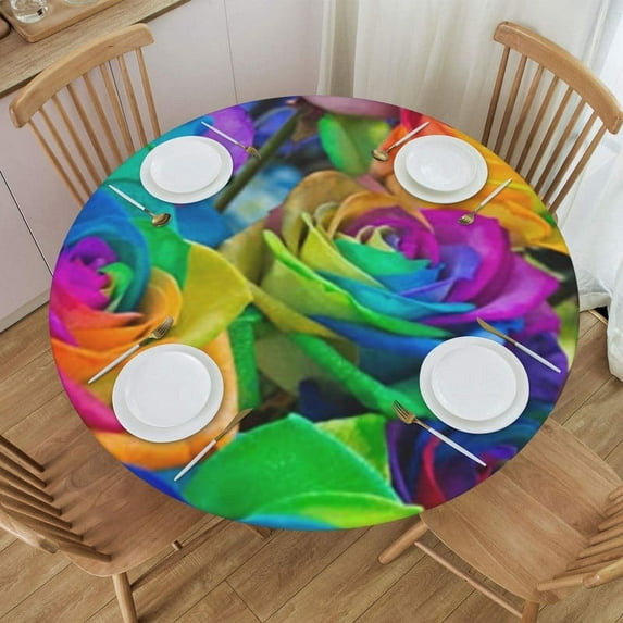 Round Fitted Tablecloth with Elastic Colorful Rose Flower Round Outdoor Tablecloths Fitted Table Covers for Round Tables Waterproof Reusable Vinyl Table Cloth for Indoor and Outdoor 44"-48"