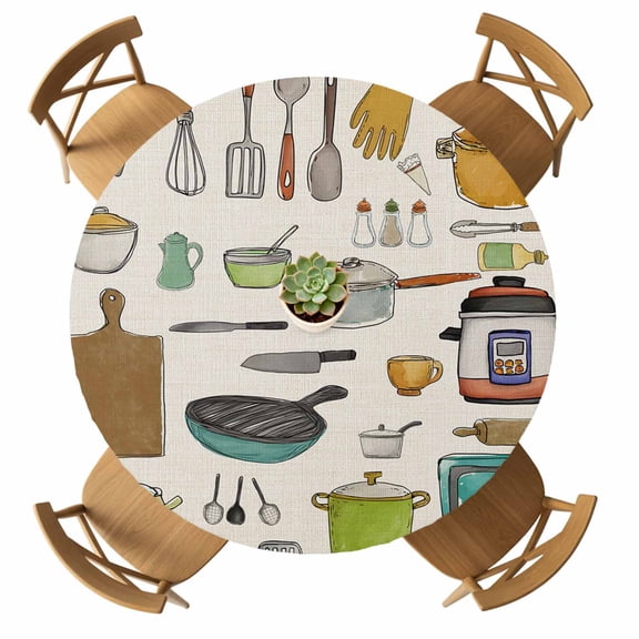 Round Fitted Tablecloth with Elastic Cooking Kitchenware Tablecloths Waterproof Oil Proof Kitchen Tool Pattern Table Cover for Kitchen Dinner Holiday Party Picnic Fits Tables up to 36"- 44" Diameter