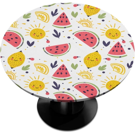 Round Fitted Tablecloth with Elastic, Cute Summer Watermelon Lemon Round Tablecloths Wipeable Waterproof Table Cover Indoor Outdoor Circle Cover for Dining Kitchen Patio Camping Picnic, 45"-50", C-1