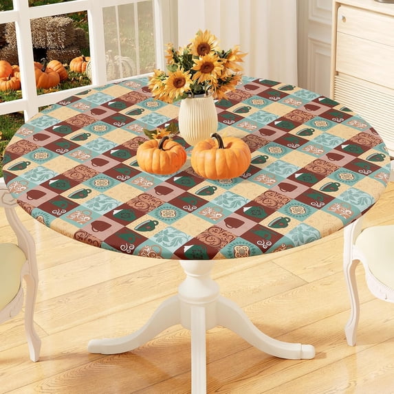 Round Fitted Tablecloth with Elastic Edge, 100% Waterproof Oil Proof Plastic Table Cover, Vinyl Flannel Backed Tablecloth Fits 36"-44" Round Tables for Dinner, Outdoor, Picnic, Patterned Cups