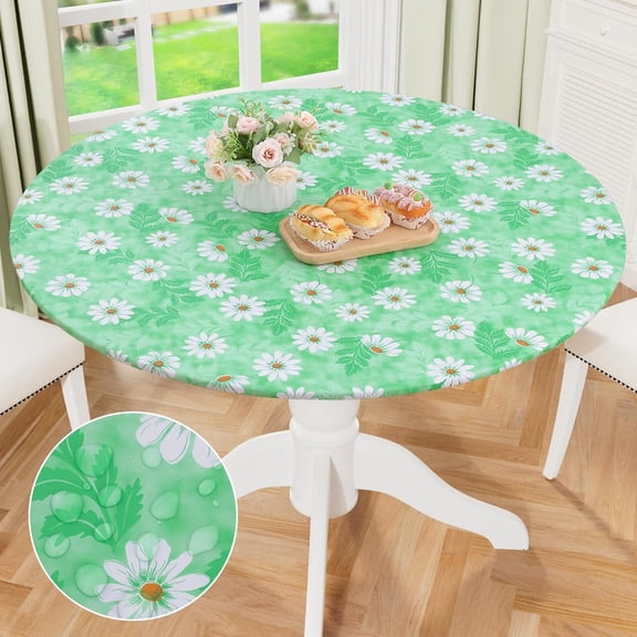 Round Fitted Tablecloth with Elastic Edge, 100% Waterproof Oil Proof Plastic Table Cover, Vinyl Flannel Backed Tablecloth Fits 36"-44" Round Tables for Dinner, Outdoor, Picnic, Green Daisy