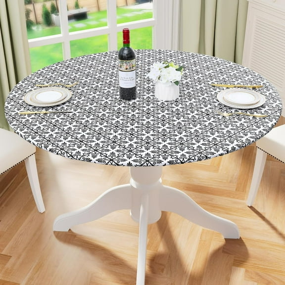 Round Fitted Tablecloth with Elastic Edge, 100% Waterproof Oil Proof Plastic Table Cover, Vinyl Flannel Backed Tablecloth Fits 36"-44" Round Tables for Dinner, Outdoor, Picnic, Black