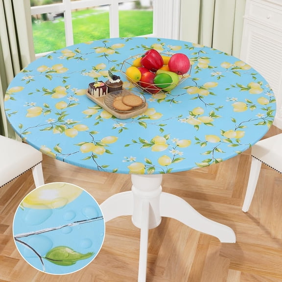 Round Fitted Tablecloth with Elastic Edge, 100% Waterproof Oil Proof Plastic Table Cover, Vinyl Flannel Backed Tablecloth Fits 36"-44" Round Tables for Dinner, Outdoor, Picnic, Black