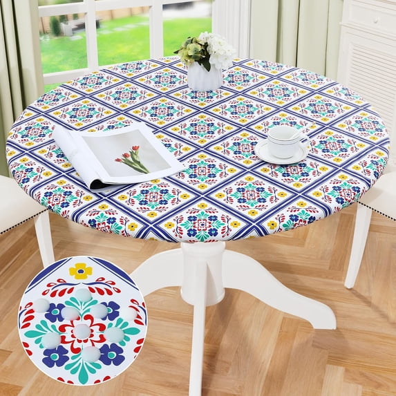 Round Fitted Tablecloth with Elastic Edge, 100% Waterproof Oil Proof Plastic Table Cover, Vinyl Flannel Backed Tablecloth Fits 36"-44" Round Tables for Dinner, Outdoor, Picnic, Black