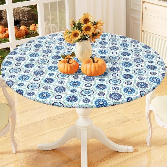 Round Fitted Tablecloth with Elastic Edge, 100% Waterproof Oil Proof Plastic Table Cover, Vinyl Flannel Backed Tablecloth Fits 36"-44" Round Tables for Dinner, Outdoor, Picnic, Navy Mandala
