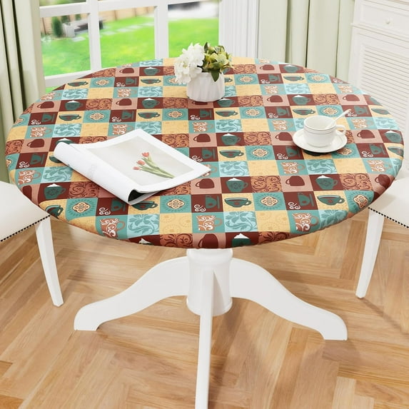 Round Fitted Tablecloth with Elastic Edge, 100% Waterproof Oil Proof Plastic Table Cover, Vinyl Flannel Backed Tablecloth Fits 36"-44" Round Tables for Dinner, Outdoor, Picnic, Black