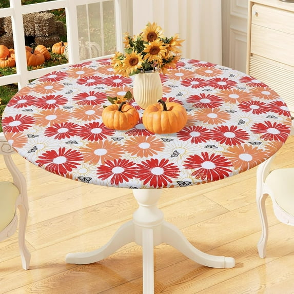 Round Fitted Tablecloth with Elastic Edge, 100% Waterproof Oil Proof Plastic Table Cover, Vinyl Flannel Backed Tablecloth Fits 36"-44" Round Tables for Dinner, Outdoor, Picnic, Red Daisy