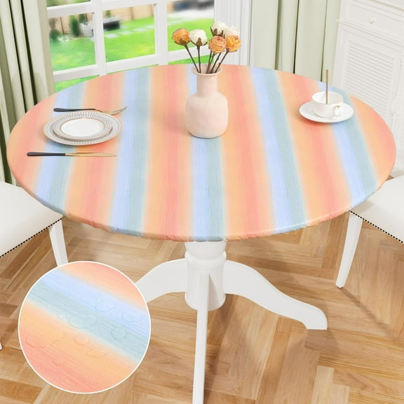 Round Fitted Tablecloth with Elastic Edge, 100% Waterproof Oil Proof Plastic Table Cover, Vinyl Flannel Backed Tablecloth Fits 36"-44" Round Tables for Dinner, Outdoor, Picnic, Rainbow Striped