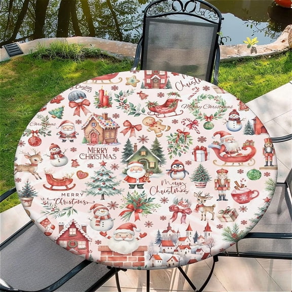 Round Fitted Tablecloth with Elastic Edge, 36"-60" Waterproof Stain Resistant Table Cover for Indoor, Outdoor, Picnic, Dining, Camping, Party, Holiday, 44inch, Christmas Holiday