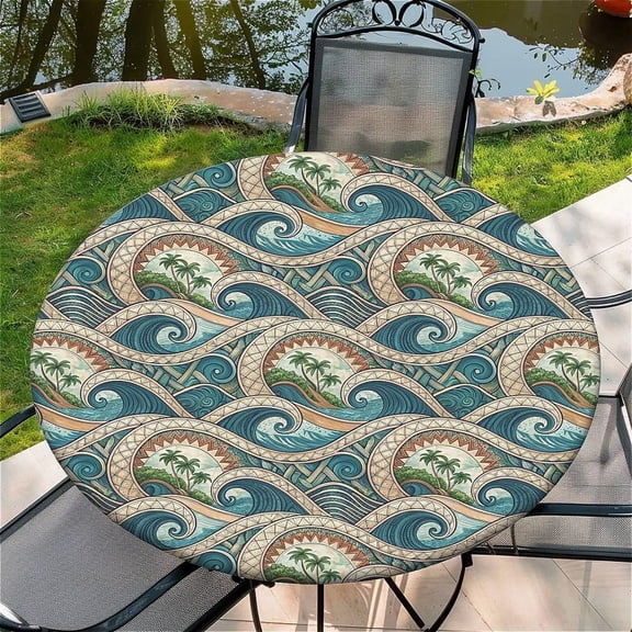 Round Fitted Tablecloth with Elastic Edge, 36"-60" Waterproof Stain Resistant Table Cover for Indoor, Outdoor, Picnic, Dining, Camping, Party, Holiday, 48inch, Tropical Waves
