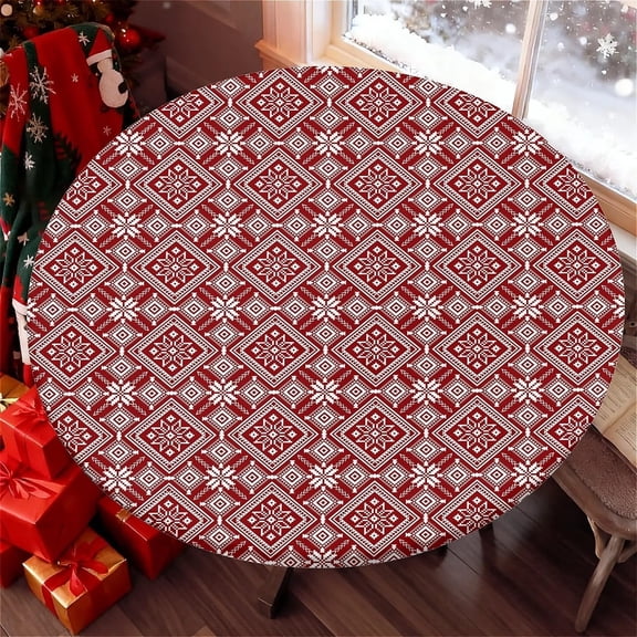 Round Fitted Tablecloth with Elastic Edge, 36"-60" Waterproof Stain Resistant Table Cover for Indoor, Outdoor, Picnic, Dining, Camping, Party, Holiday, 52inch, Christmas Knit