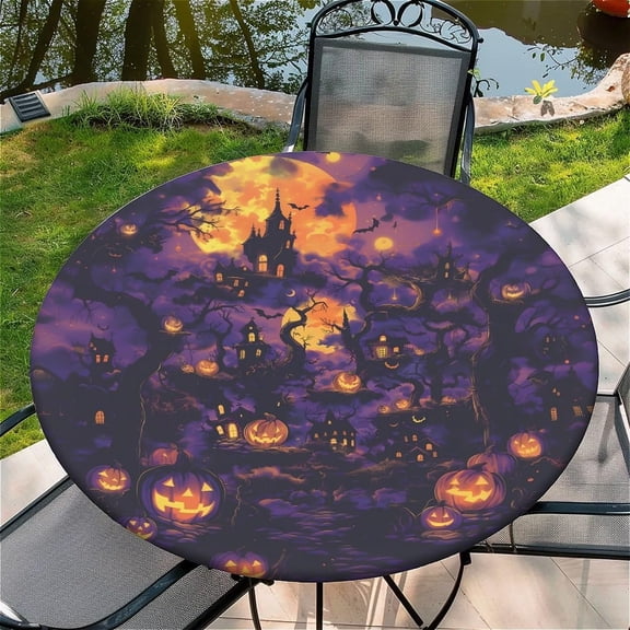 Round Fitted Tablecloth with Elastic Edge, 44"-60" Waterproof Stain Resistant Table Cover for Indoor, Outdoor, Picnic, Dining, Camping, Party, Holiday, 44inch, Halloween Spooky