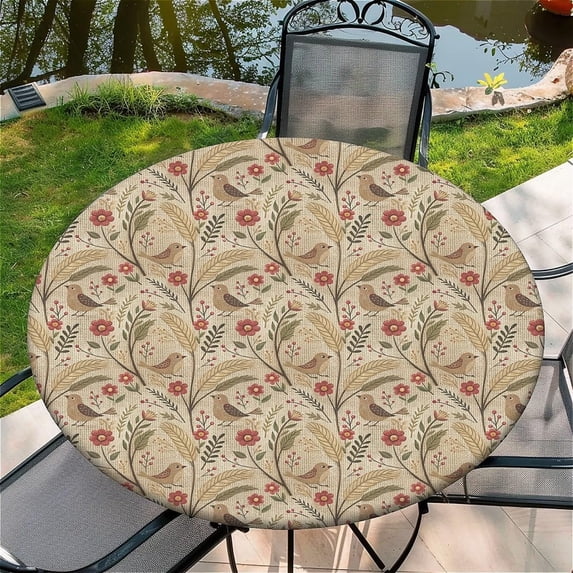 Round Fitted Tablecloth with Elastic Edge, 44"-60" Waterproof Stain Resistant Table Cover for Indoor, Outdoor, Picnic, Dining, Camping, Party, Holiday, Rustic Birds