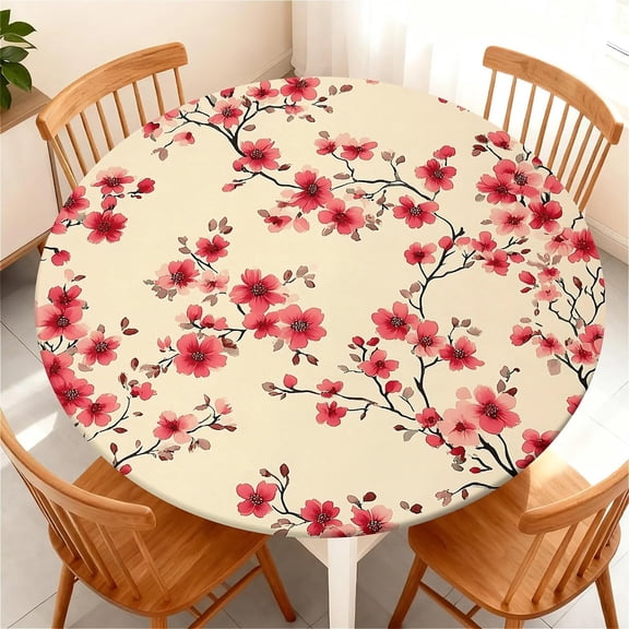 Round Fitted Tablecloth with Elastic Edge for Up to 49"-52" Round Table, Waterproof Tablecover for Camping, Indoor, Outdoor, Holiday, Summer, Red Flower