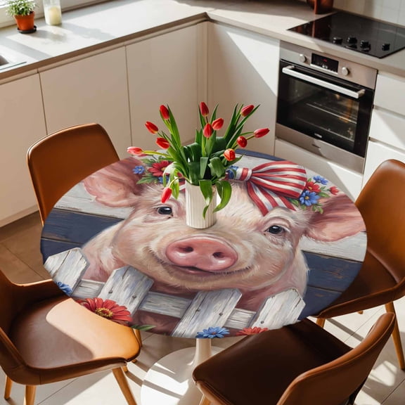 Round Fitted Tablecloth with Elastic Edge, 4th of July Pink Pig Farm Wood Plank Fitted Table Cloth for Round Tables, Red Blue Blossom Flower Waterproof Tablecloth for Outdoor Picnic Party 36-44in