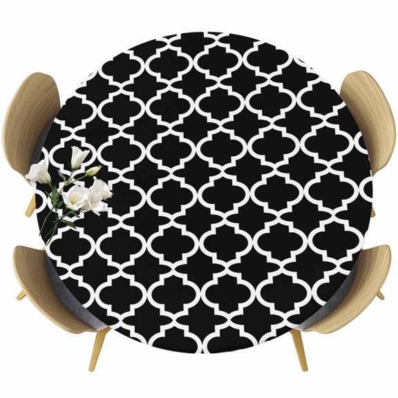 Round Fitted Tablecloth with Elastic Edge, Abstract Black Trellis Morocco Fitted Table Cloth for Round Tables, Farmhouse Minimalist Art Waterproof Tablecloth for Outdoor Picnic Party 55-60in