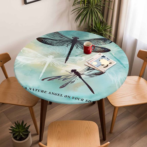 Round Fitted Tablecloth with Elastic Edge, Abstract Dragonfly Pastoral Fitted Table Cloth for Round Tables, Gradient Turquoise Waterproof Tablecloth for Outdoor Picnic Party 45-54in