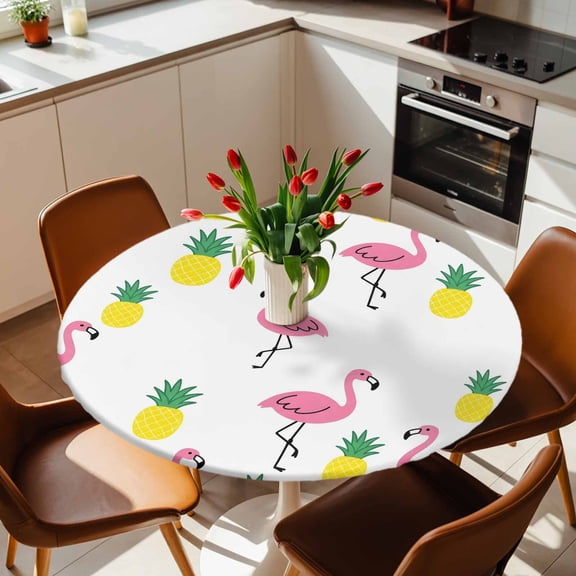 Round Fitted Tablecloth with Elastic Edge, Abstract Flamingo Sketch Pineapples Fitted Table Cloth for Round Tables, Watercolor Animal Fruit Waterproof Tablecloth for Outdoor Picnic Party 36-44in