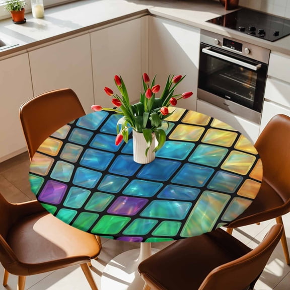 Round Fitted Tablecloth with Elastic Edge, Abstract Glass Mosaic Pattern Fitted Table Cloth for Round Tables, Modern Aesthetic Art Waterproof Tablecloth for Outdoor Picnic Party 36-44in