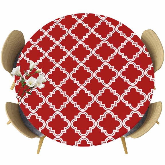 Round Fitted Tablecloth with Elastic Edge, Abstract Morocco Tile Plaid Art Fitted Table Cloth for Round Tables, Modern Farm Lattice on Red Waterproof Tablecloth for Outdoor Picnic Party 55-60in