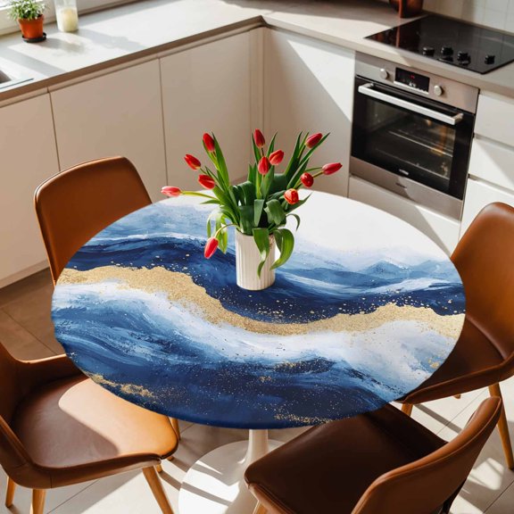 Round Fitted Tablecloth with Elastic Edge, Abstract Ocean Rough Sea Fitted Table Cloth for Round Tables, Marine Big Wave Navy Blue Gold Waterproof Tablecloth for Outdoor Picnic Party 36-44in