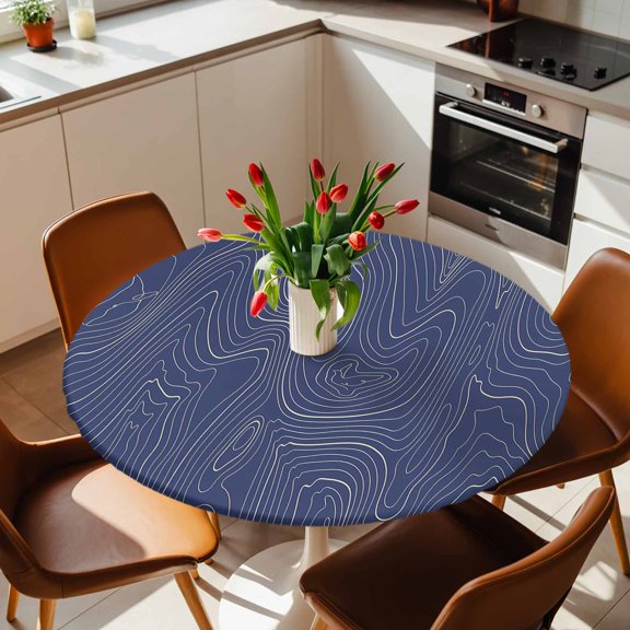 Round Fitted Tablecloth with Elastic Edge, Abstract Topographic Lines Grid Fitted Table Cloth for Round Tables, Geometric Art on Dark Blue Waterproof Tablecloth for Outdoor Picnic Party 36-44in