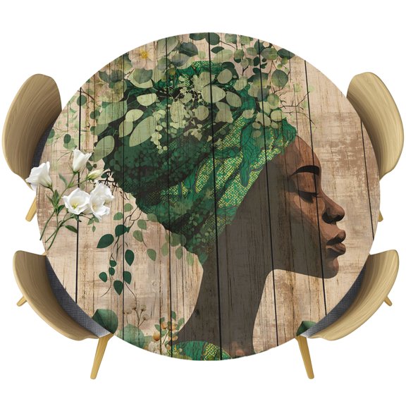 Round Fitted Tablecloth with Elastic Edge, African-American Women Plant on Wooden Fitted Table Cloth for Round Tables 55-60in, Eucalyptus Leaves Waterproof Tablecloth for Outdoor Picnic Party