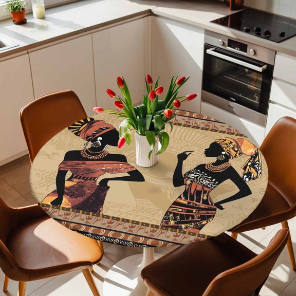 Round Fitted Tablecloth with Elastic Edge, African Black Women Fitted Table Cloth for Round Tables, Boho Ethnic Geometric Style Waterproof Tablecloth for Outdoor Picnic Party 36-44in