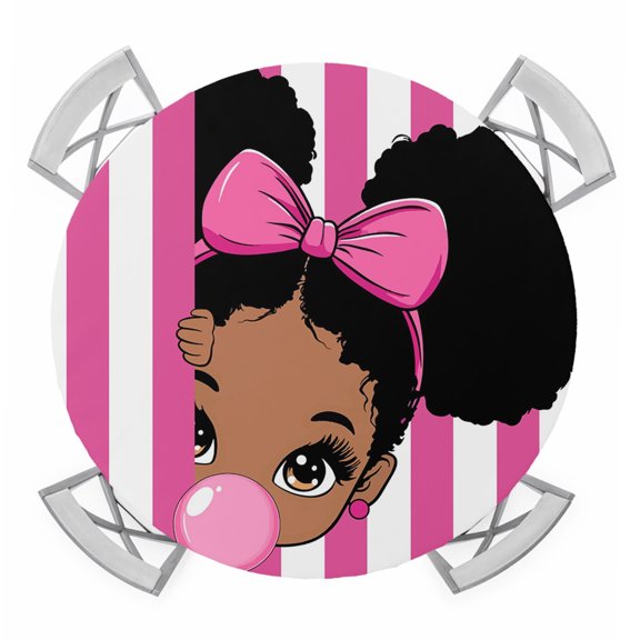 Round Fitted Tablecloth with Elastic Edge, African Girl Waterproof Table Cloth Table Cover for 45"-54" Tables, Afro American Black Girl with Bubble Pink Stripes Tablecloths for Dining Party Outdoor