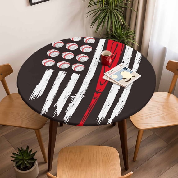 Round Fitted Tablecloth with Elastic Edge, American Flag Baseball Fitted Table Cloth for Round Tables, Patriot Black and White Red Waterproof Tablecloth for Outdoor Picnic Party 45-54in