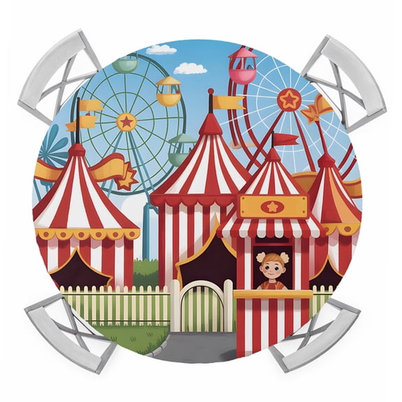 Round Fitted Tablecloth with Elastic Edge, Amusement Park Waterproof Table Cloth Table Cover for 36"-44" Tables, Cute Cartoon Wheelwheels Circus Tablecloths for Dining Picnic Party Outdoor