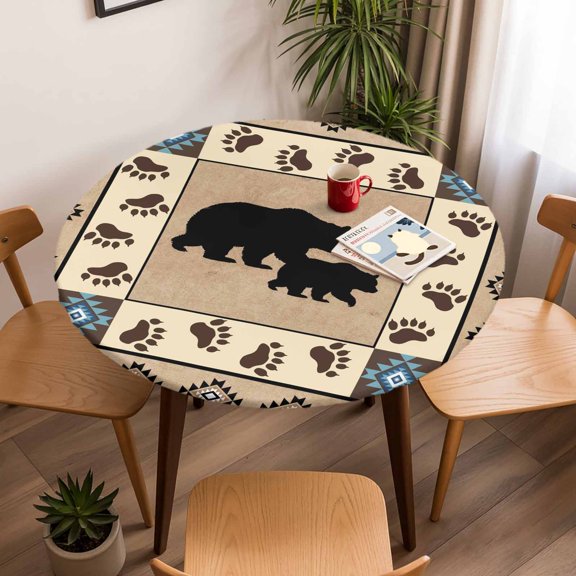 Round Fitted Tablecloth with Elastic Edge, Autumn Black Bear Footprints Fitted Table Cloth for Round Tables, Geometric Boho Artwork Waterproof Tablecloth for Outdoor Picnic Party 45-54in