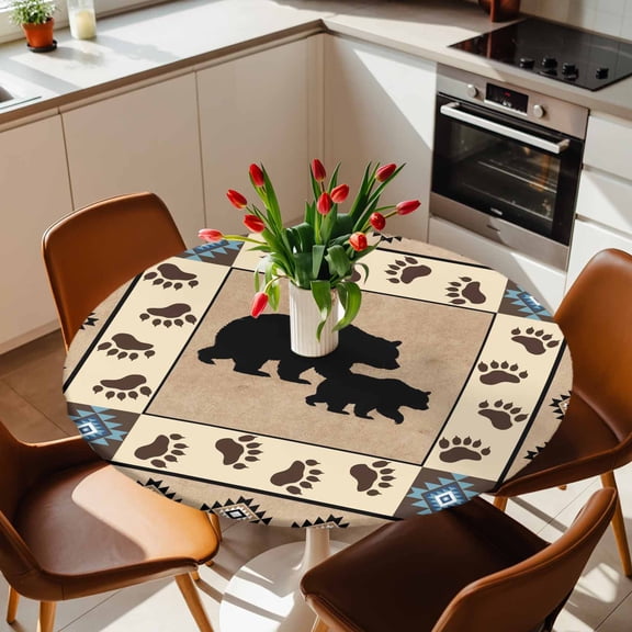 Round Fitted Tablecloth with Elastic Edge, Autumn Black Bear Footprints Fitted Table Cloth for Round Tables, Geometric Boho Artwork Waterproof Tablecloth for Outdoor Picnic Party 36-44in