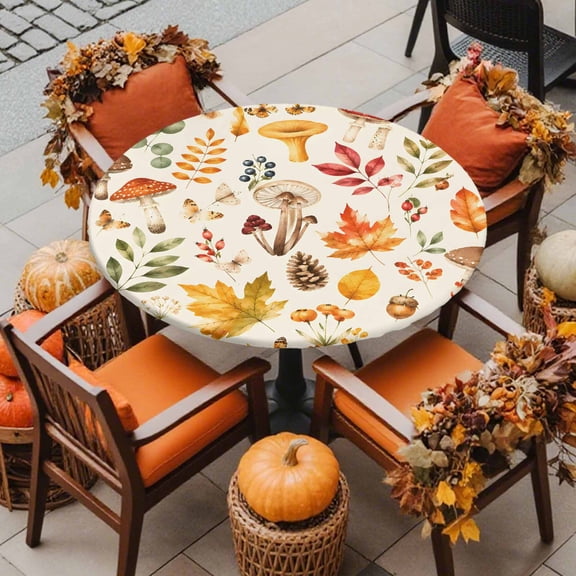 Round Fitted Tablecloth with Elastic Edge, Autumn Botanical Mushroom Leaves Waterproof Oil-Proof Table Cover, Thanksgiving Plants Circle Table Cloth for Indoor Outdoor Picnic Party 36"x44"