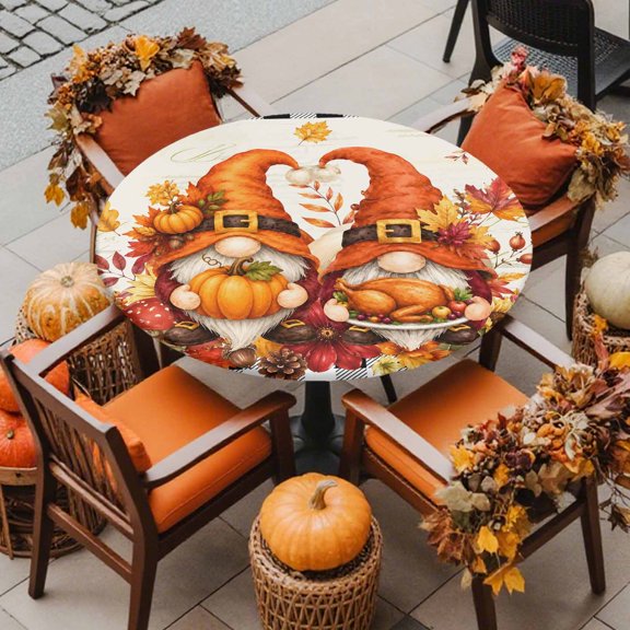 Round Fitted Tablecloth with Elastic Edge, Autumn Thanksgiving Gnome Pumpkin Waterproof Oil-Proof Table Cover, Fall Leaves Turkey Check Circle Table Cloth for Indoor Outdoor Picnic Party 36"x44"