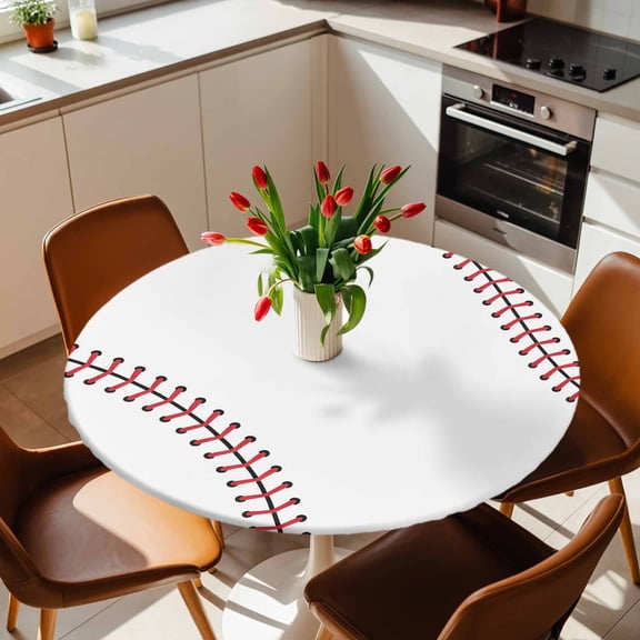 Round Fitted Tablecloth with Elastic Edge, Baseball Sports Texture Fitted Table Cloth for Round Tables, White Red Lines Waterproof Tablecloth for Outdoor Picnic Party 36-44in