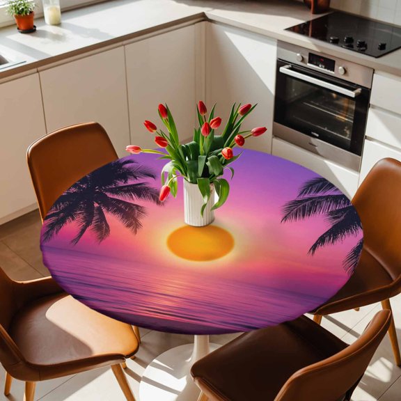 Round Fitted Tablecloth with Elastic Edge, Beach Seaside Sunset Fitted Table Cloth for Round Tables, Natural Scenery Palm Tree Purple Pink Waterproof Tablecloth for Outdoor Picnic Party 36-44in