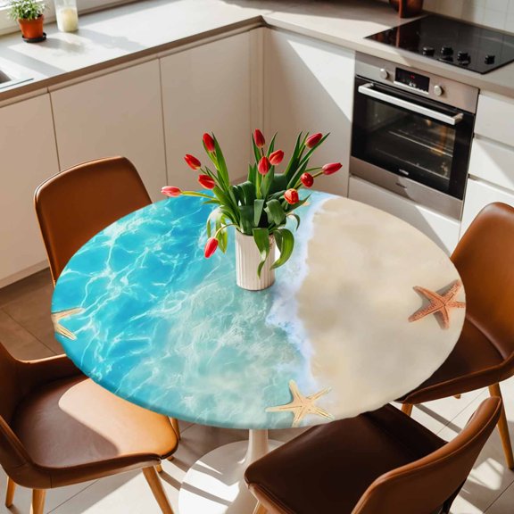 Round Fitted Tablecloth with Elastic Edge, Beach Starfish Shell Sea Water Fitted Table Cloth for Round Tables, Summer Seaside Theme Waterproof Tablecloth for Outdoor Picnic Party 36-44in