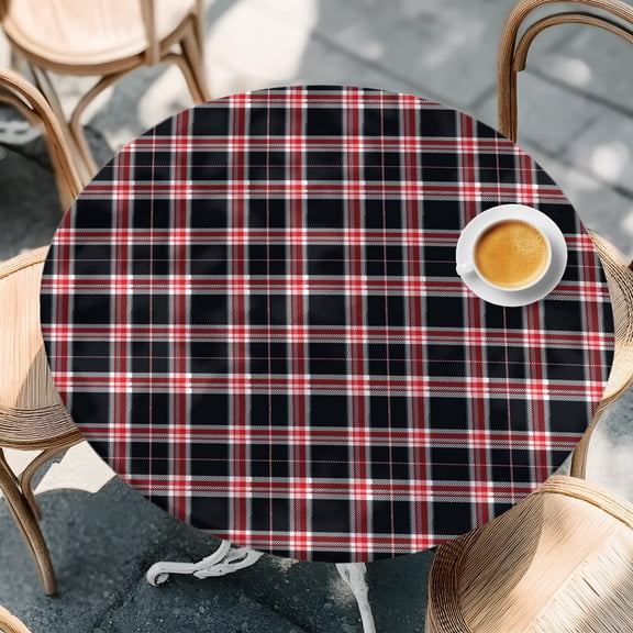 Round Fitted Tablecloth with Elastic Edge, Black Plaid Red Stripes Waterproof Oil-Proof Table Cover, Retro Gingham Check Circle Table Cloth for Indoor Outdoor Picnic Party 36"x44"